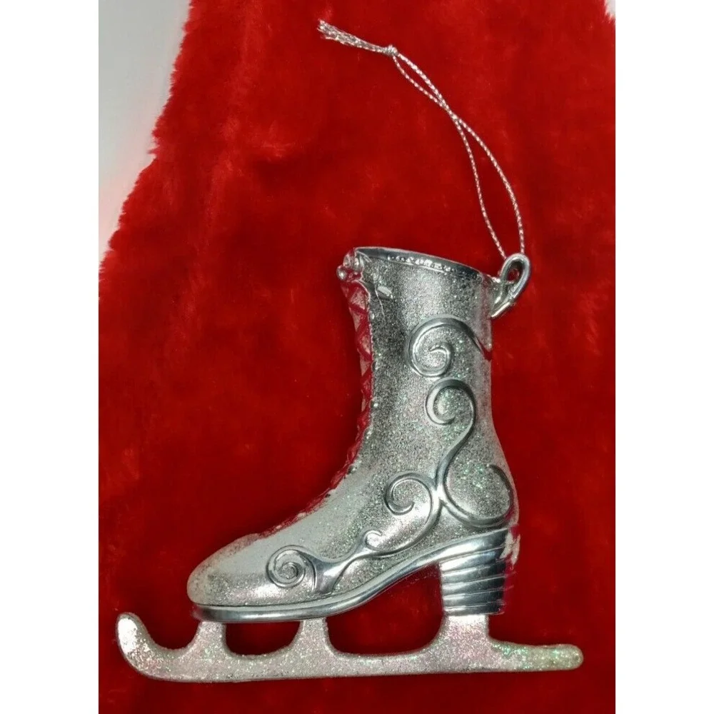 Christmas tree ornament ice skate silver sparkly glitter plastic ✔️ pictures